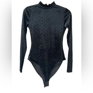 H&M Velvet Black Turtleneck Bodysuit with Glitter Polkadots